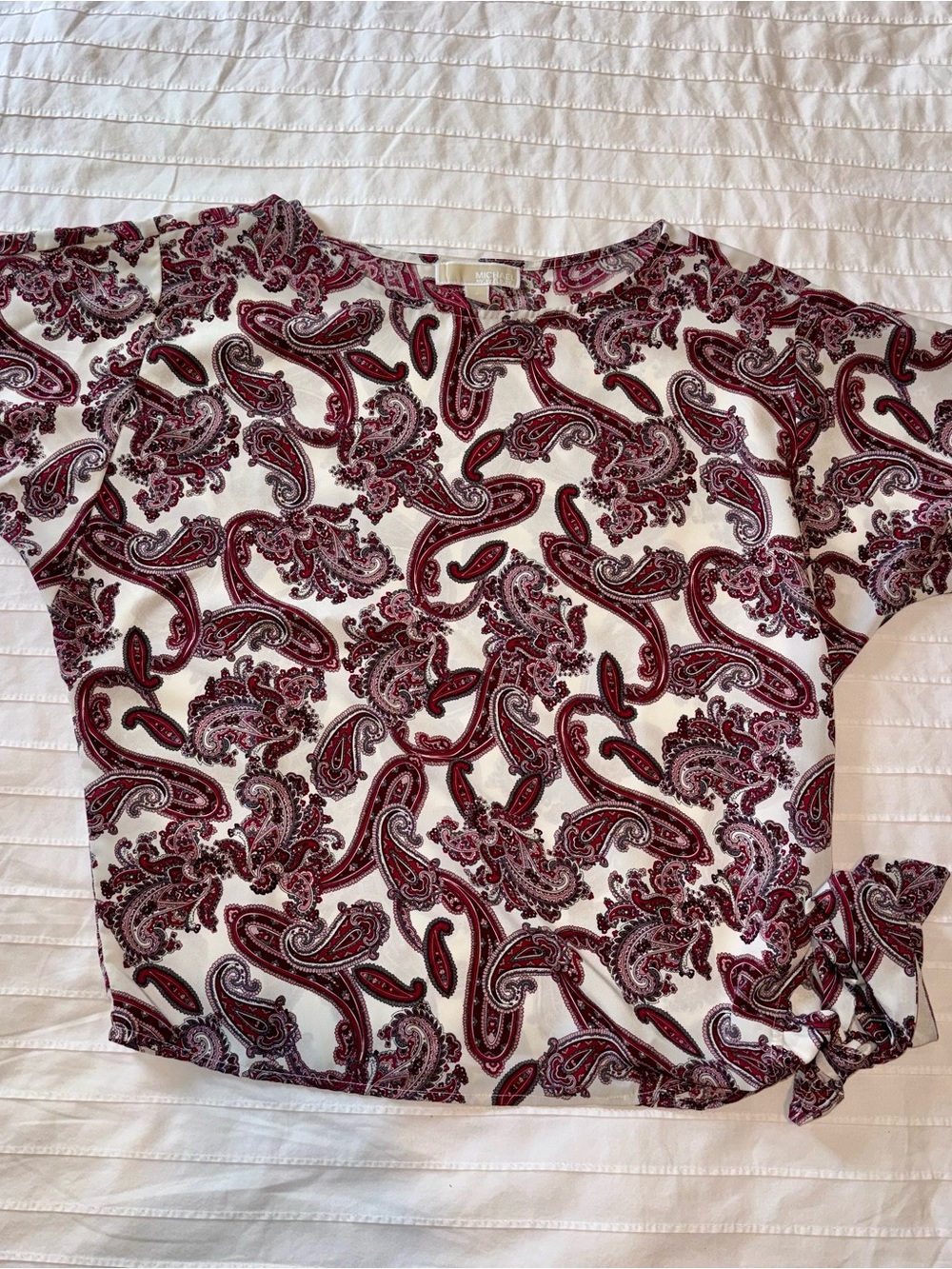 Michael Kors White and Burgundy Paisley Tie-Hem Blouse